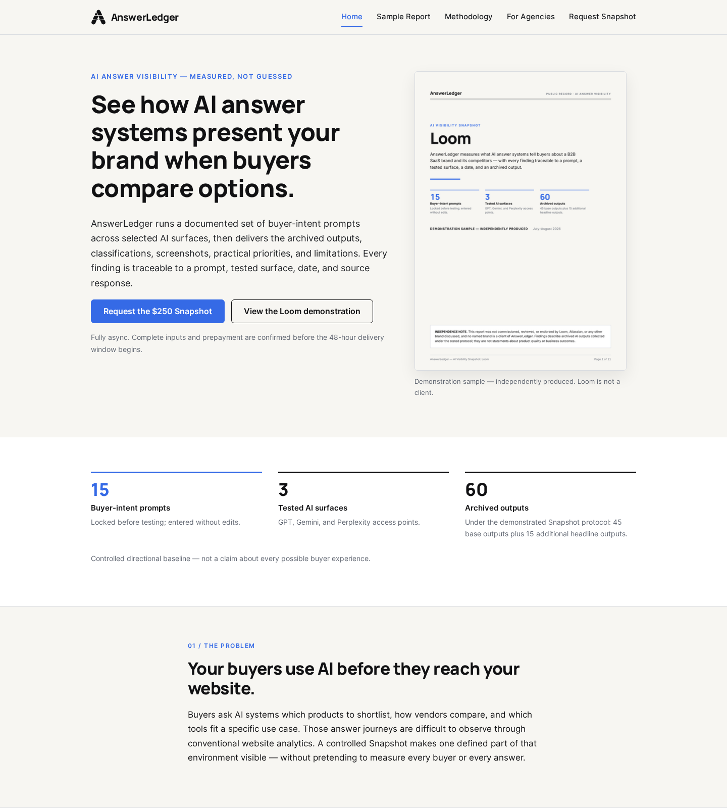 Десктопная версия сайта AnswerLedger: заголовок «See how AI answer systems present your brand when buyers compare options» и превью отчёта